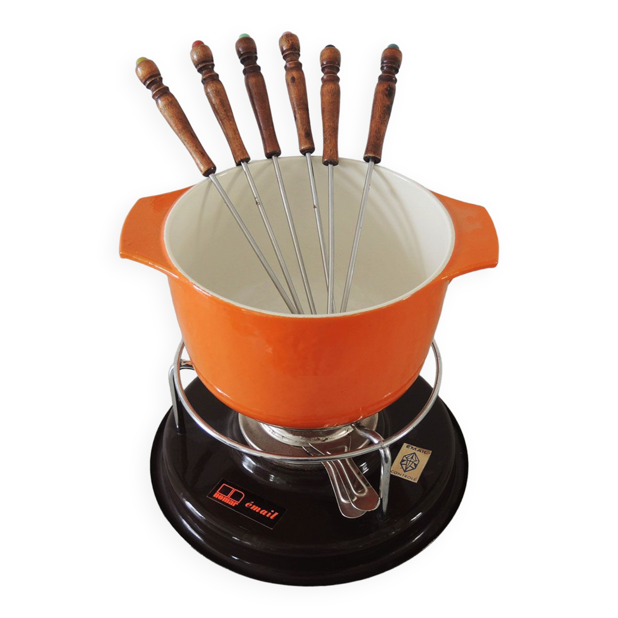 Nomar fondue service in orange cast iron