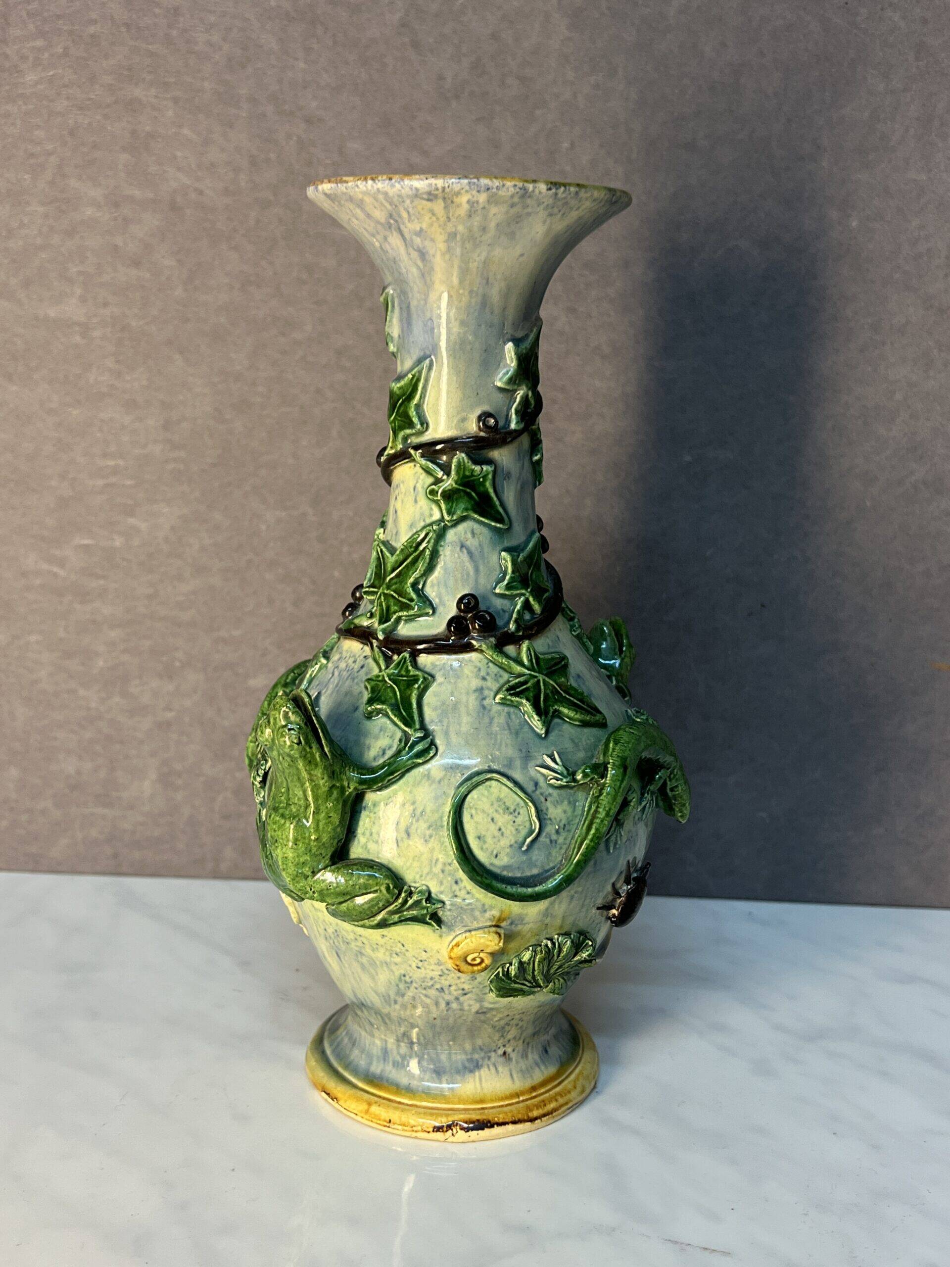 Majolica Palissy vase, dating from the Victorian era circa 1890