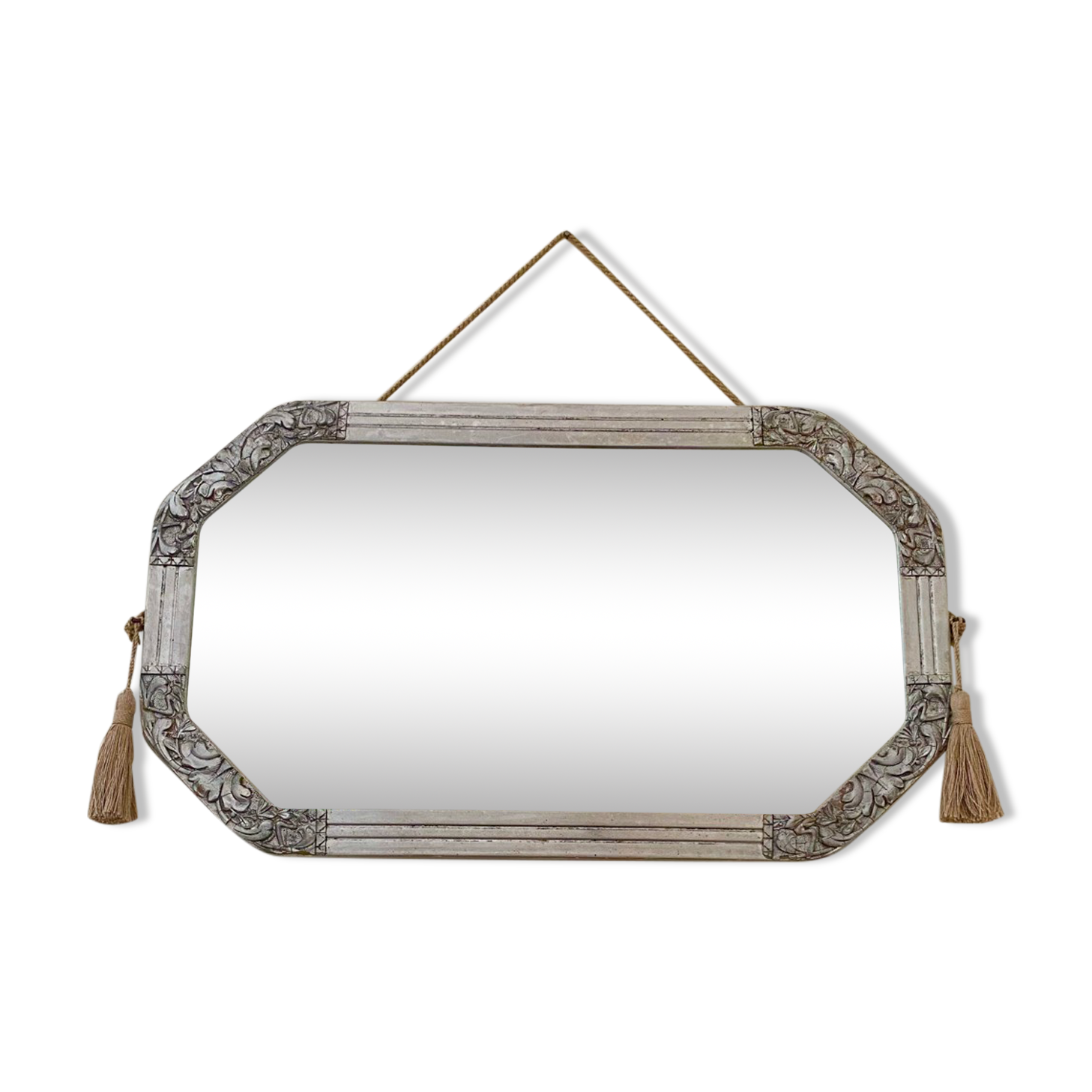 Hexagonal Art Deco mirror silver stucco frame, 30s.