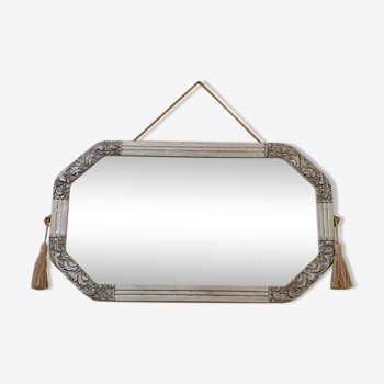 Hexagonal Art Deco mirror silver stucco frame, 30s.