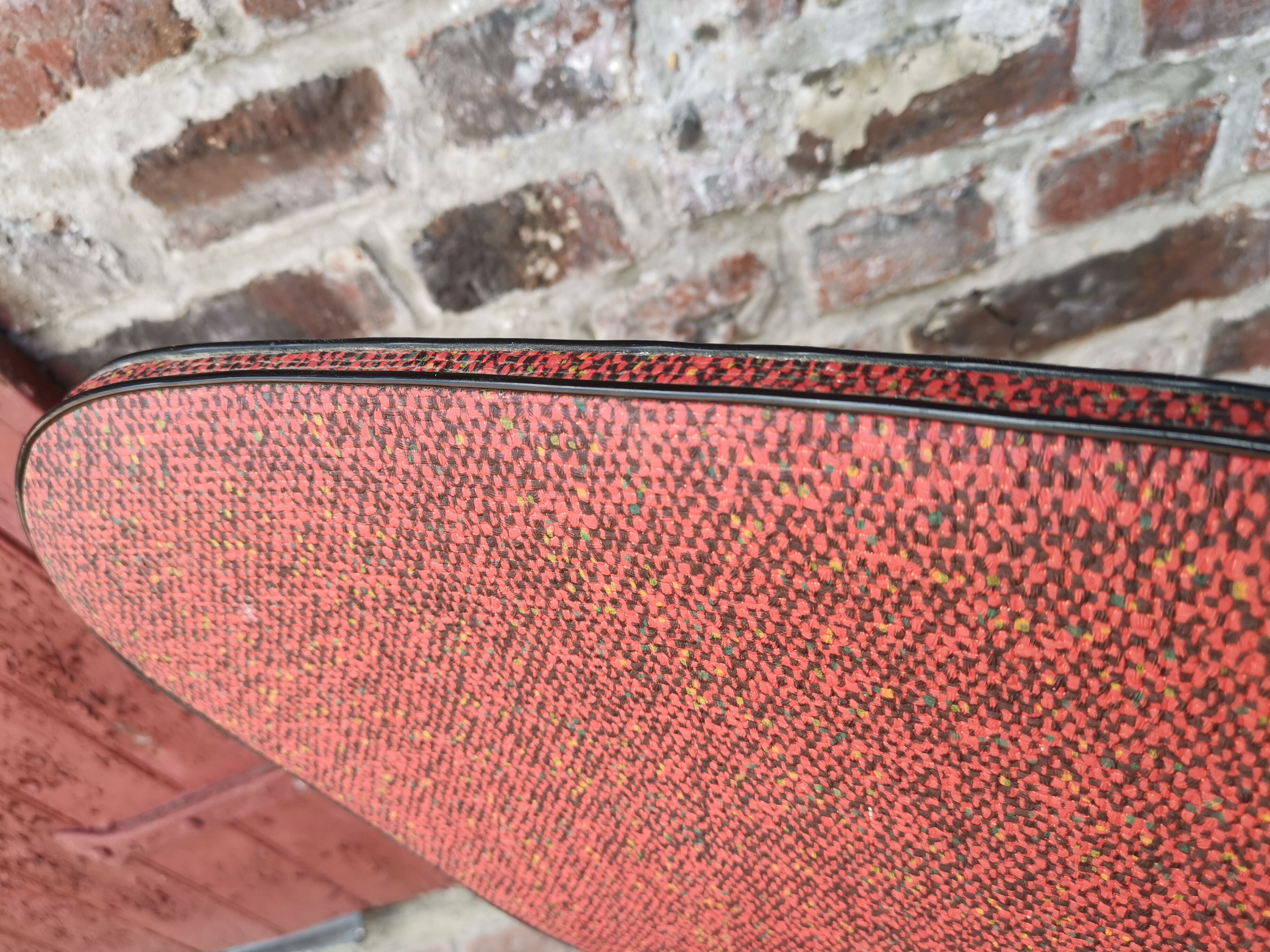 Pair of metal chairs vinyl red and white speckled black, Cimca brand