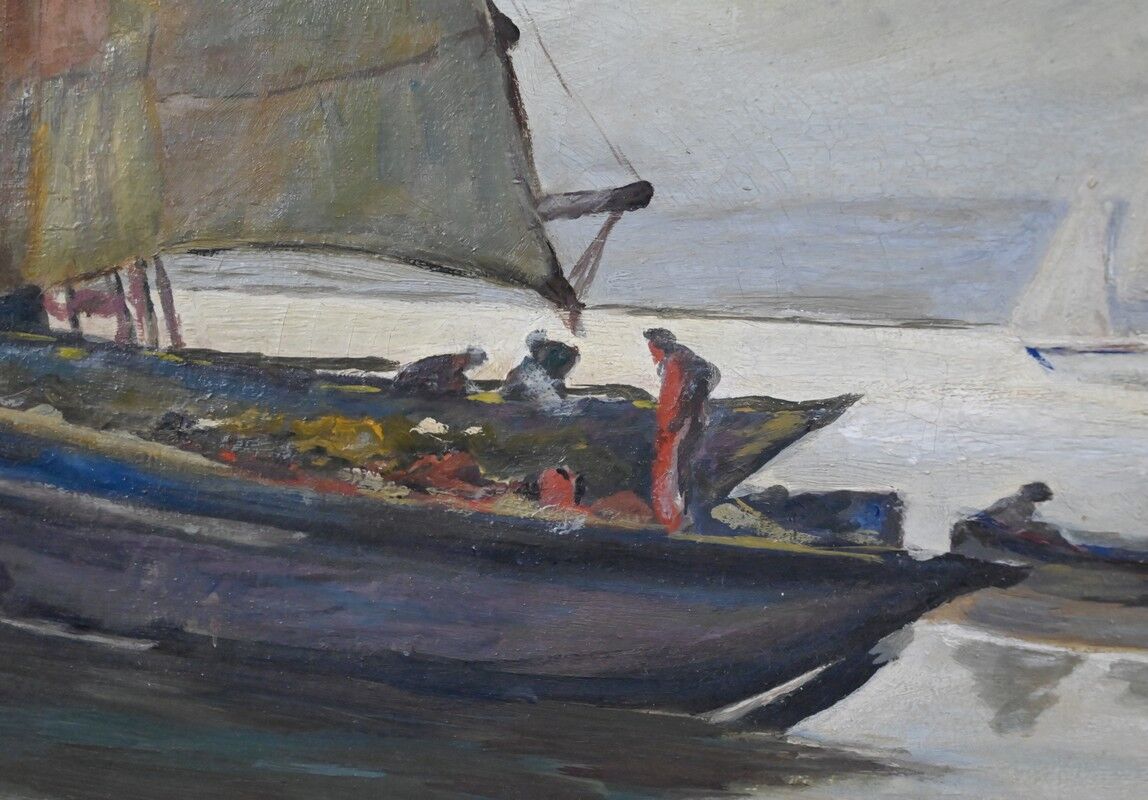 Painting "Sailboats on Calm Sea", oil on canvas, signed C. Bustad – 1928