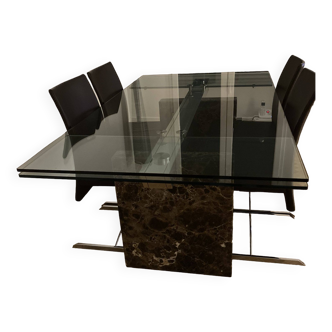 Stone Square dining table in glass and marble and 4 chairs