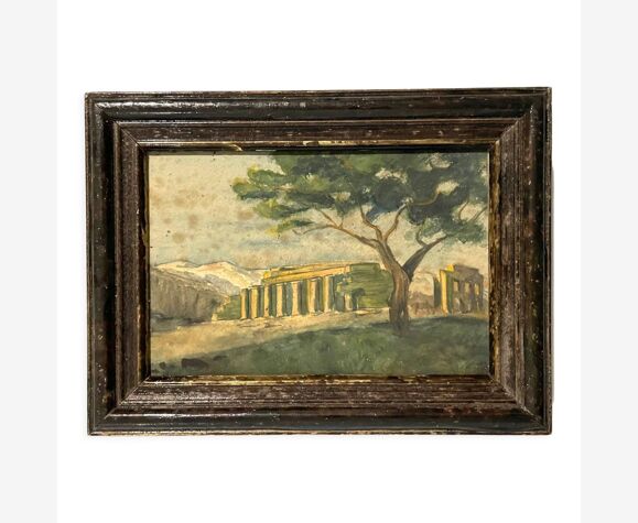 Aquarelle britannique sur papier des années 1870. Temple grec VINTAGE ENCADRÉ