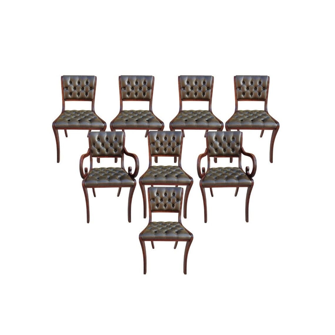 Set of 8 high-quality iconic green leather chesterfield dining chairs