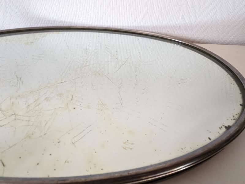 Antique oval mirror tray with metal frame
