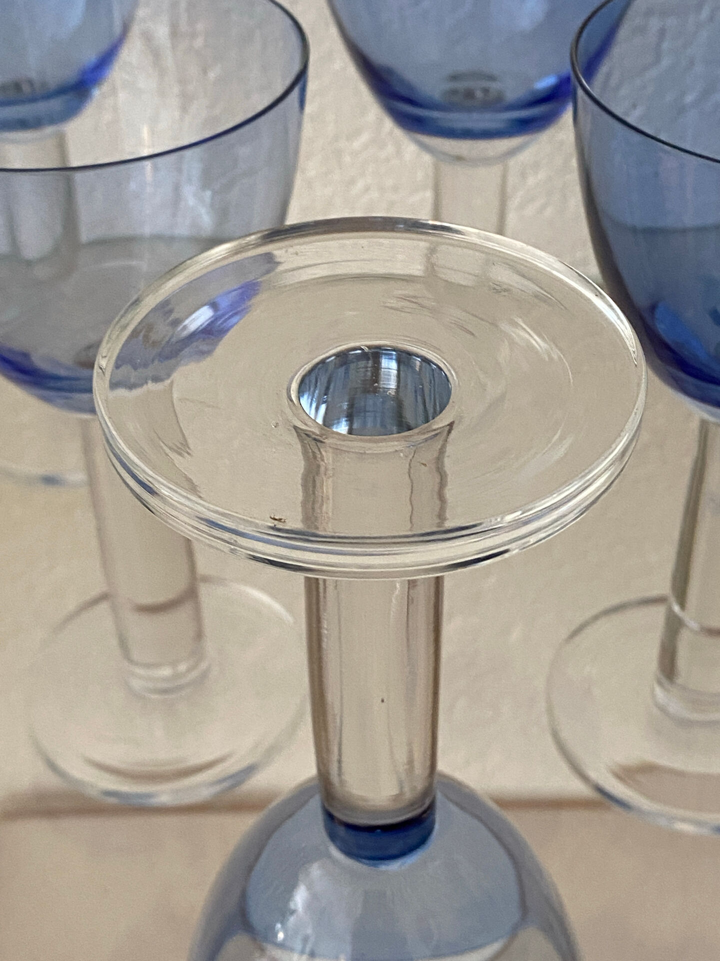 Six two-coloured wine or cocktail glasses.