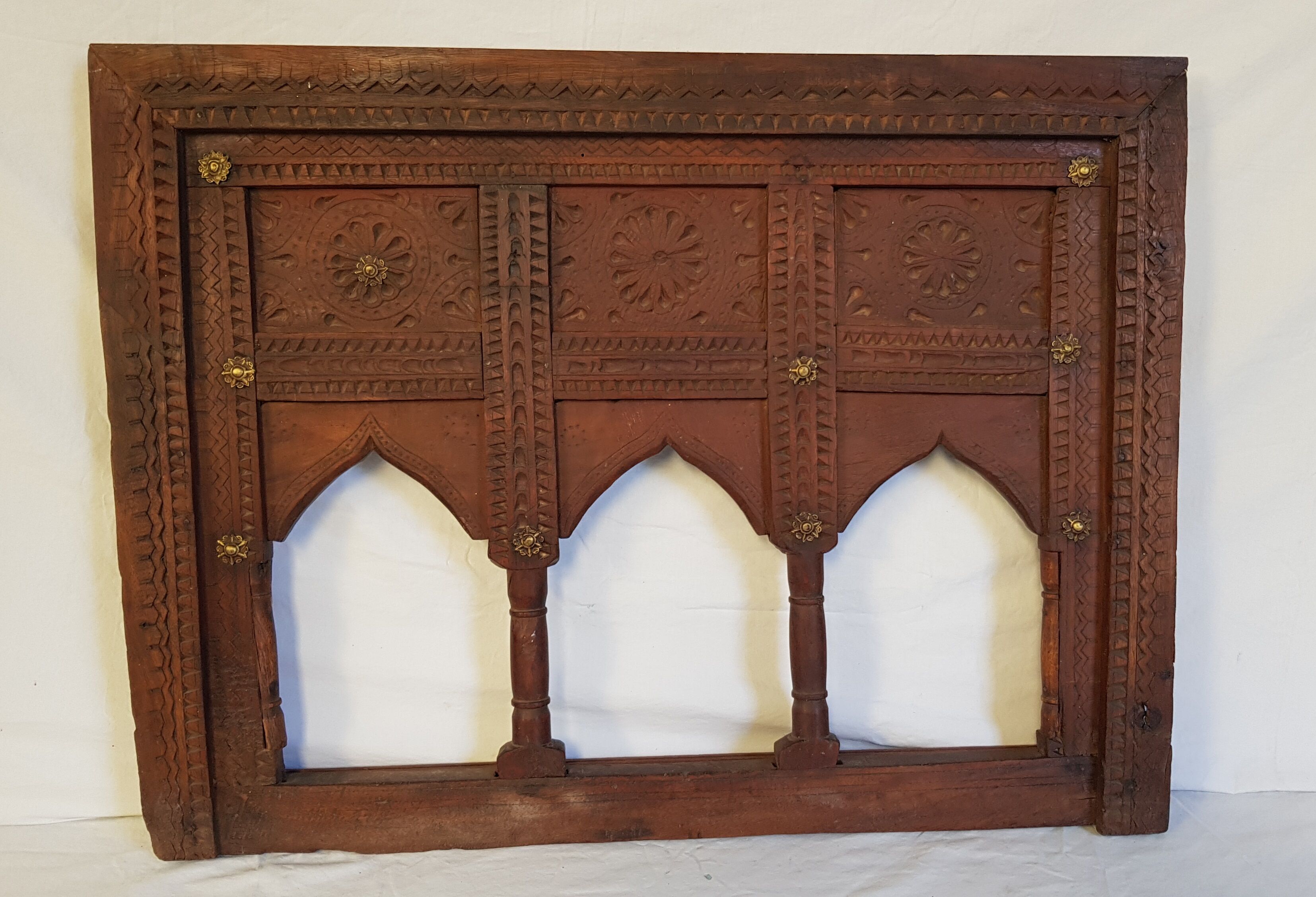 Carved wooden window with rear support for possible mirror