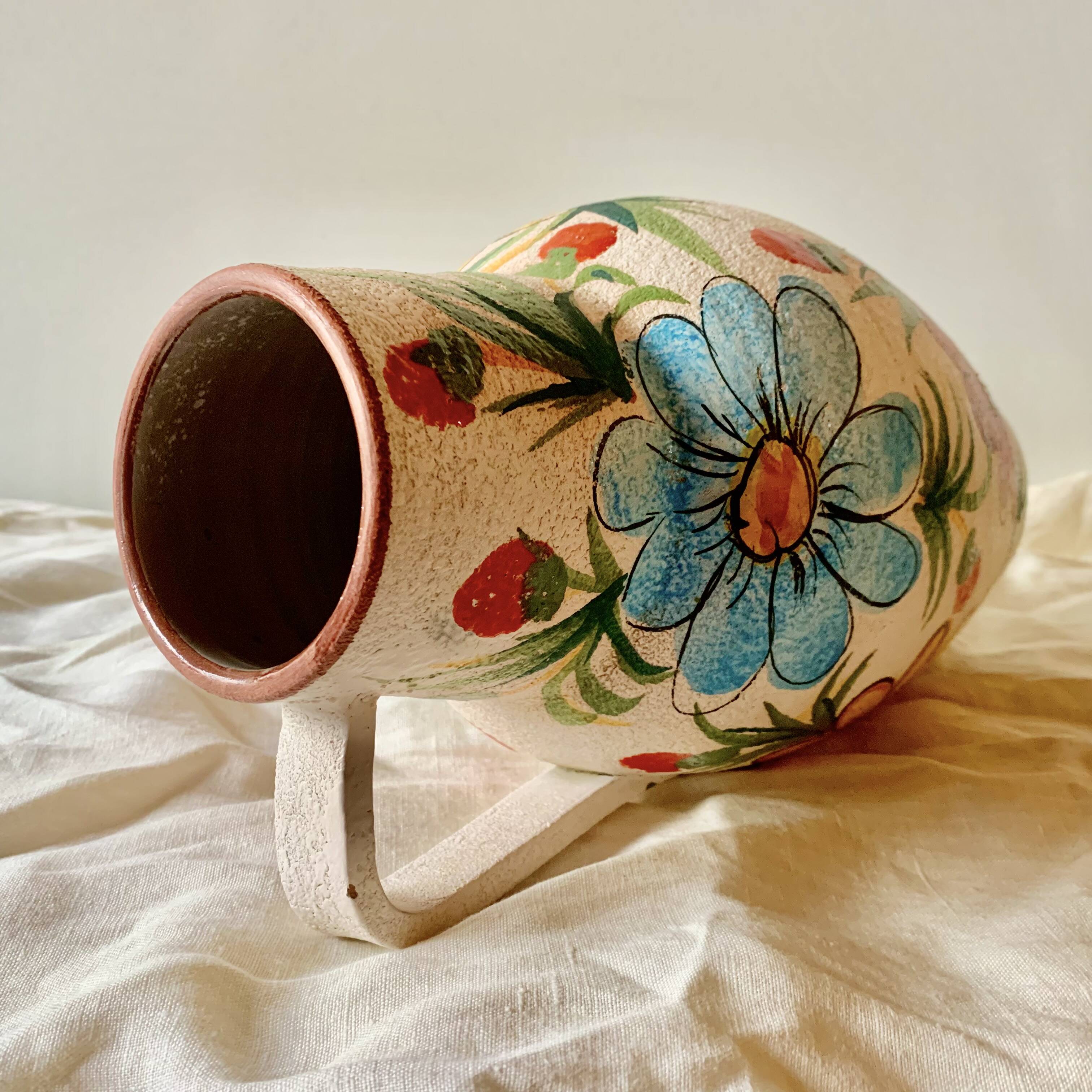 Large vintage ceramic vase - hand-painted floral decoration - Italy