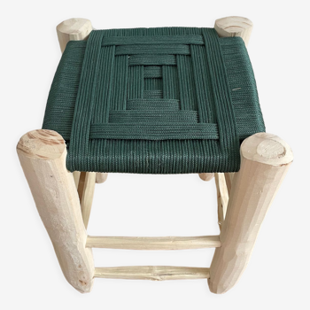 Tabouret marocain beldi en nylon vert émeraude et bois