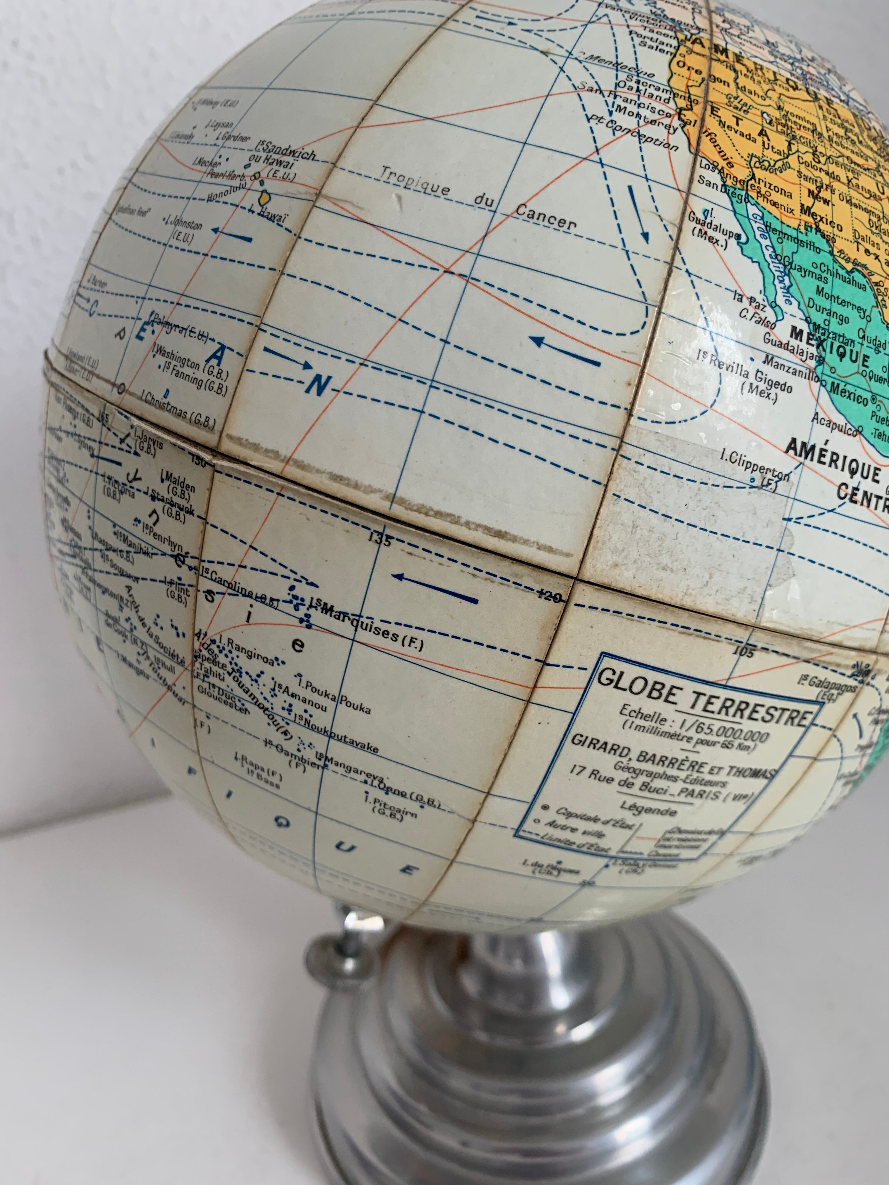 Vintage globe 1950 terrestrial Girard Barrère cream - 30 cm