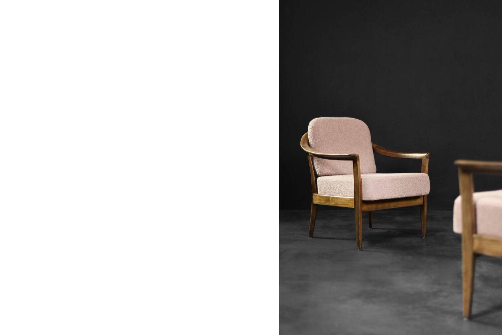 Pair of Mid-Century German Elegant Cherry Wood and Dusty Pink Fabric Armchairs