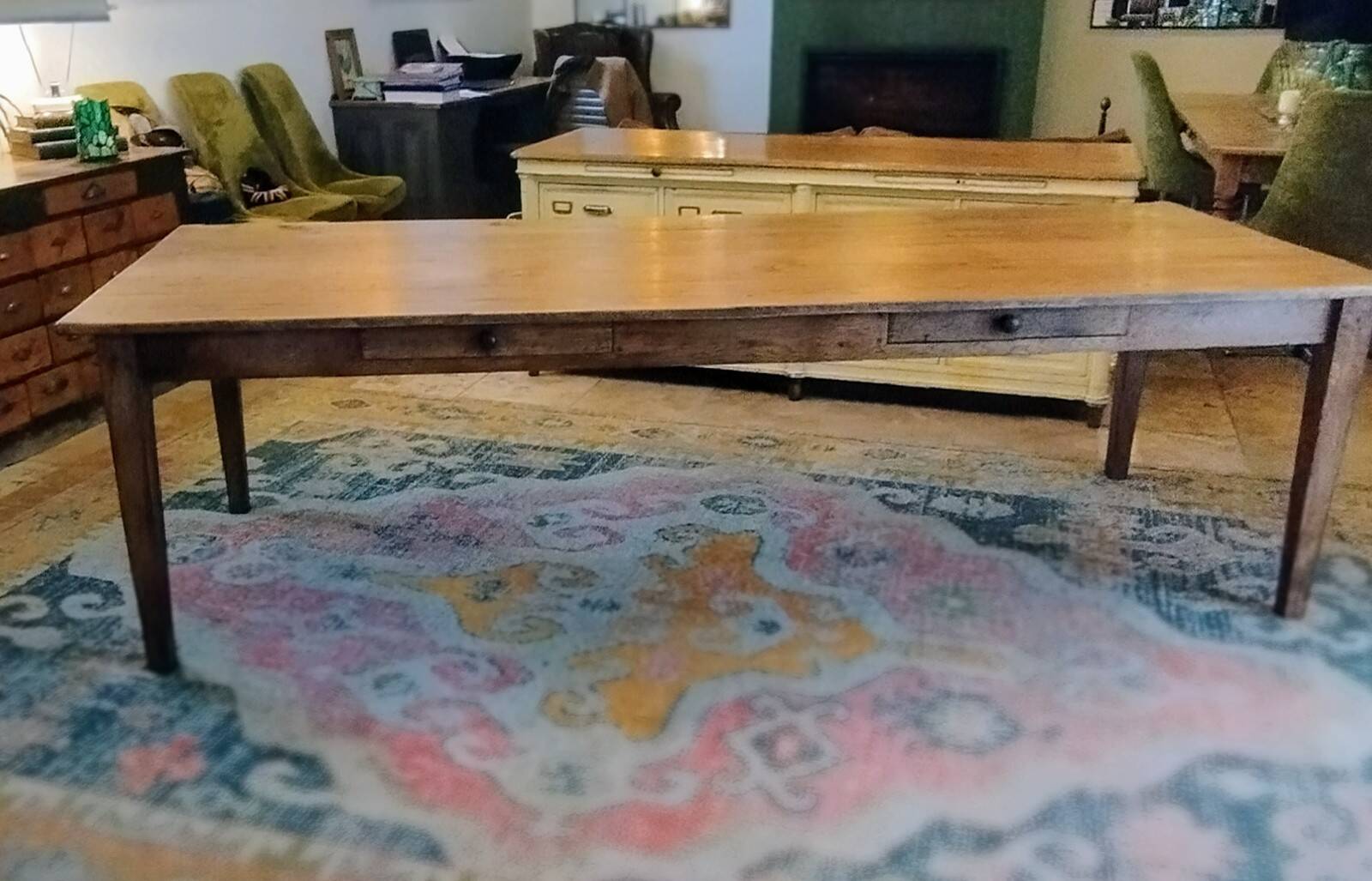 XXL solid oak farmhouse table 260x100 patinated two drawers