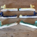 6 knife-wielding colorful ceramic dogs 60s