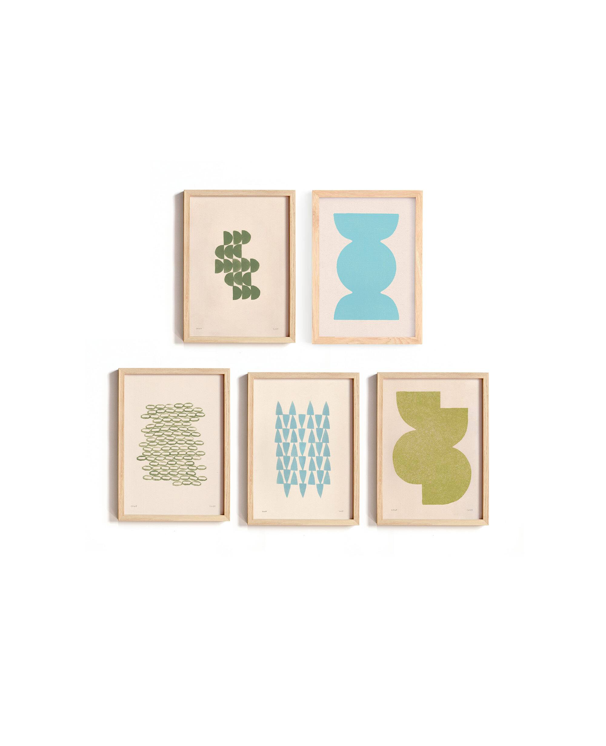 Collection of 12 framed paintings in warm/cool colours.