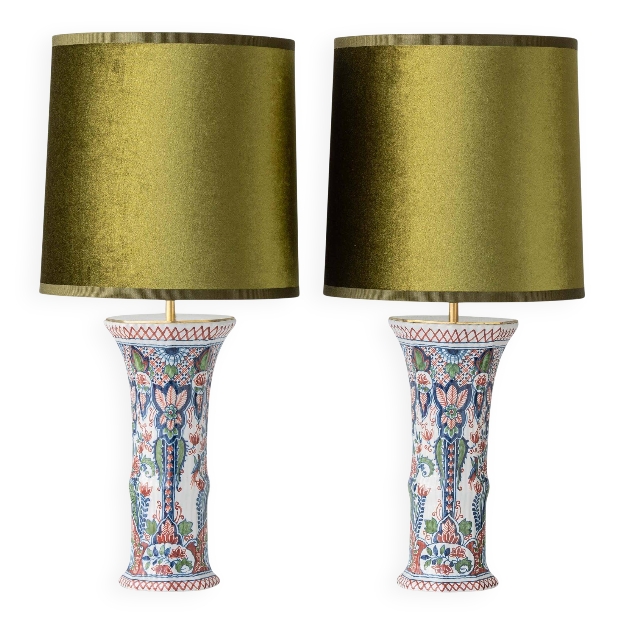 Pair of Dutch Delft Makkum ceramic table lamps with new olive green velvet shades.