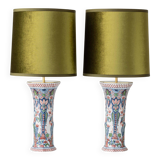 Pair of Dutch Delft Makkum ceramic table lamps with new olive green velvet shades.