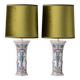 Pair of Dutch Delft Makkum ceramic table lamps with new olive green velvet shades.