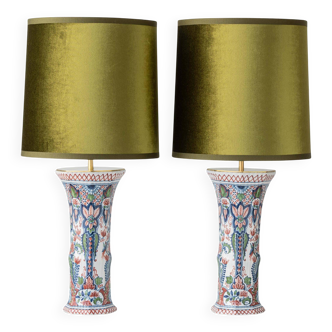 Pair of Dutch Delft Makkum ceramic table lamps with new olive green velvet shades.