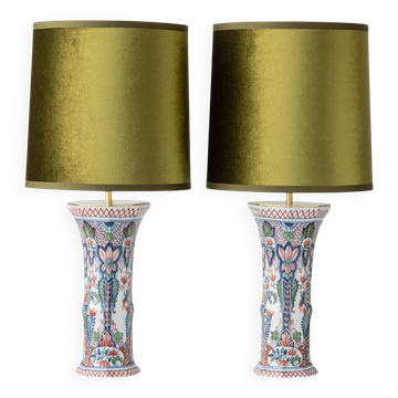 Pair of Dutch Delft Makkum ceramic table lamps with new olive green velvet shades.