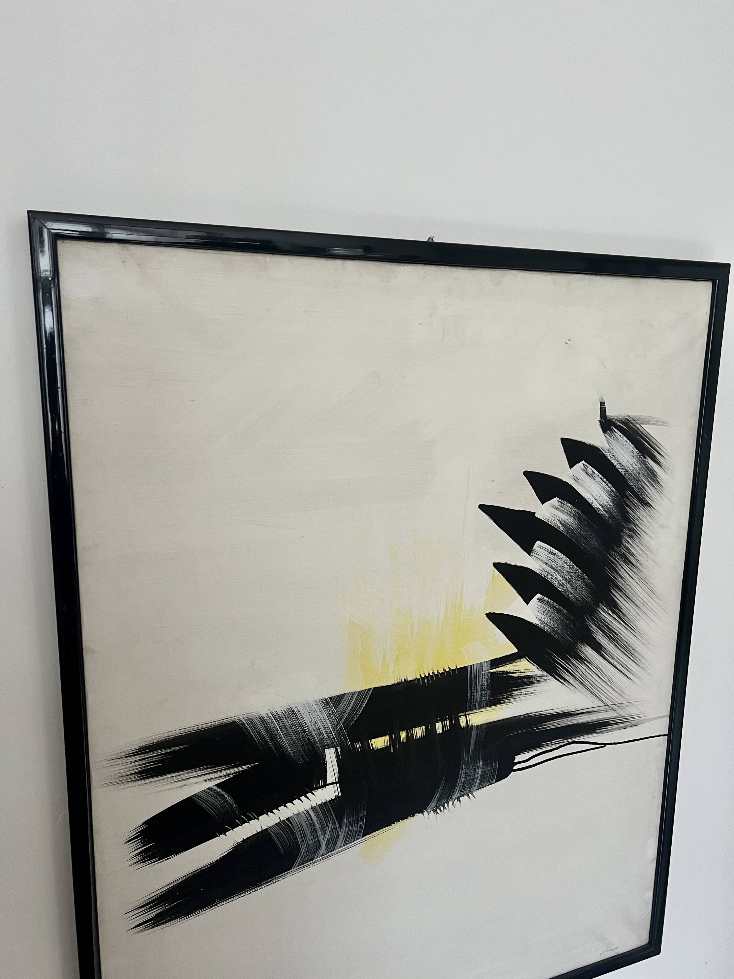 Large abstract expressionist framed painting, signed. Mid to late 20th cent