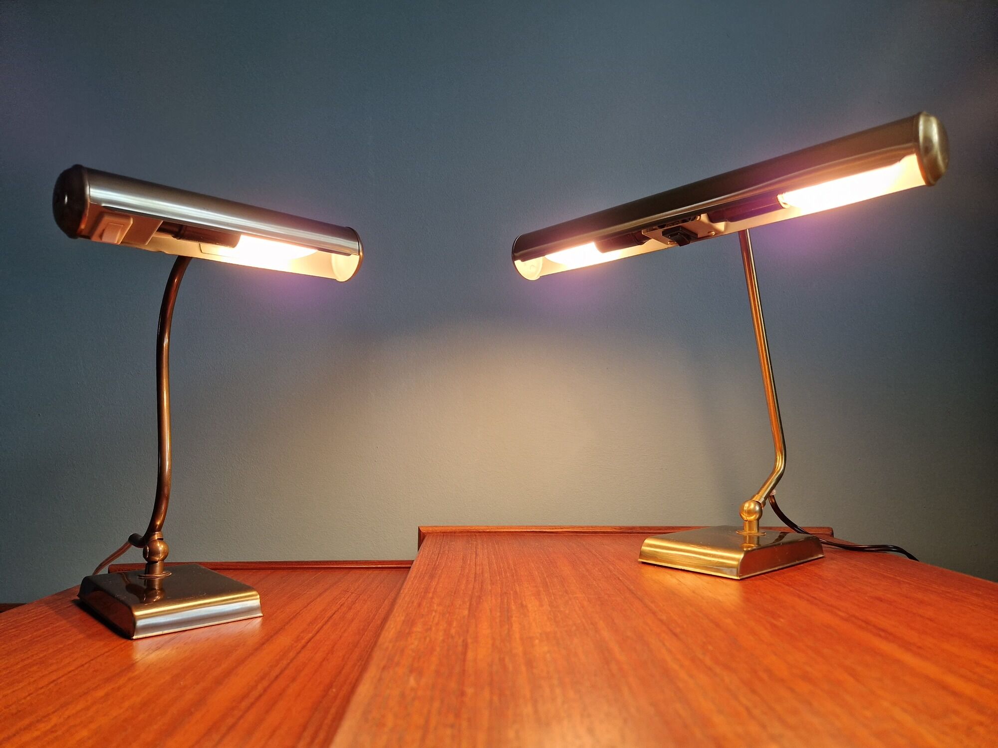 Pair of brass desk/piano lamps, 1950s-60s