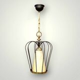 Massive vintage pendant light – brass, black metal and striped glass – 1950s