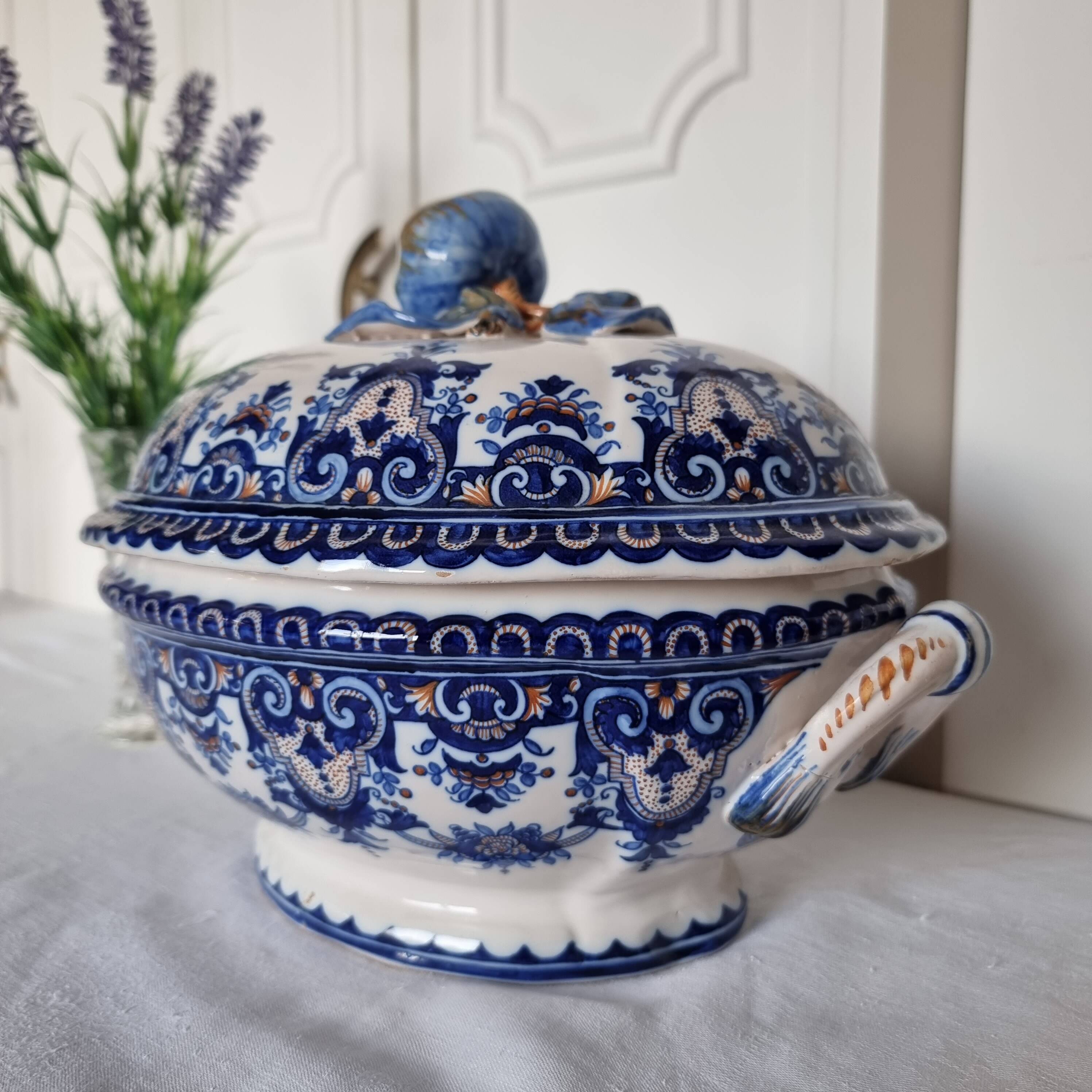Antique earthenware tureen by Émile Tessier (1887-1971), Malicorne, France