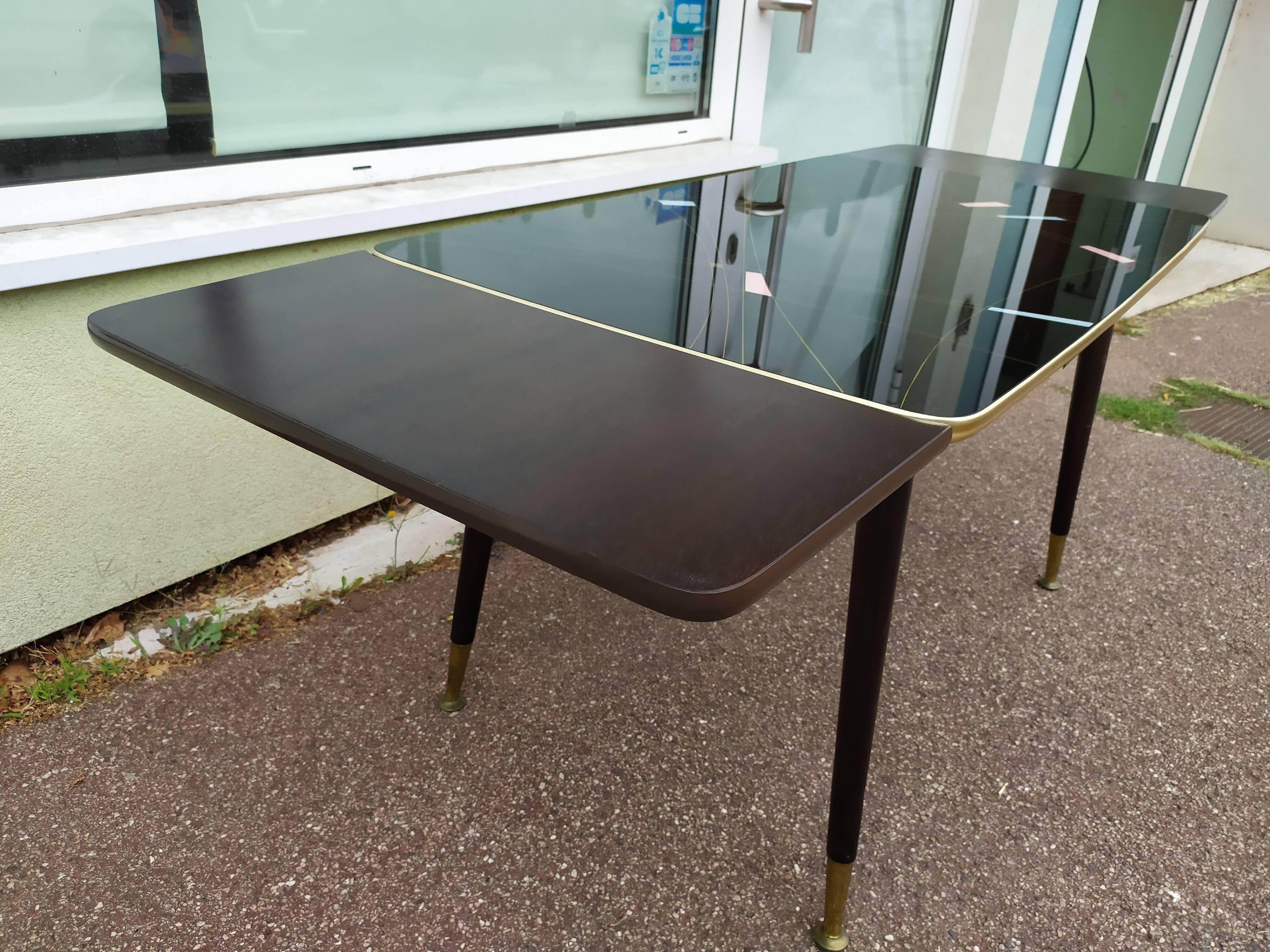 Table mid-low formica feet compass glass tray - vintage 1960