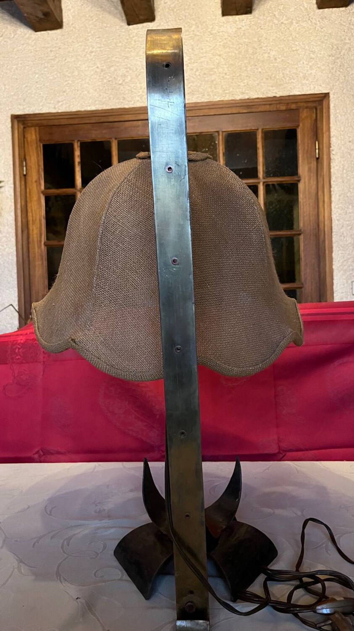 Lampe à poser fer forgé  toile de jute vintage