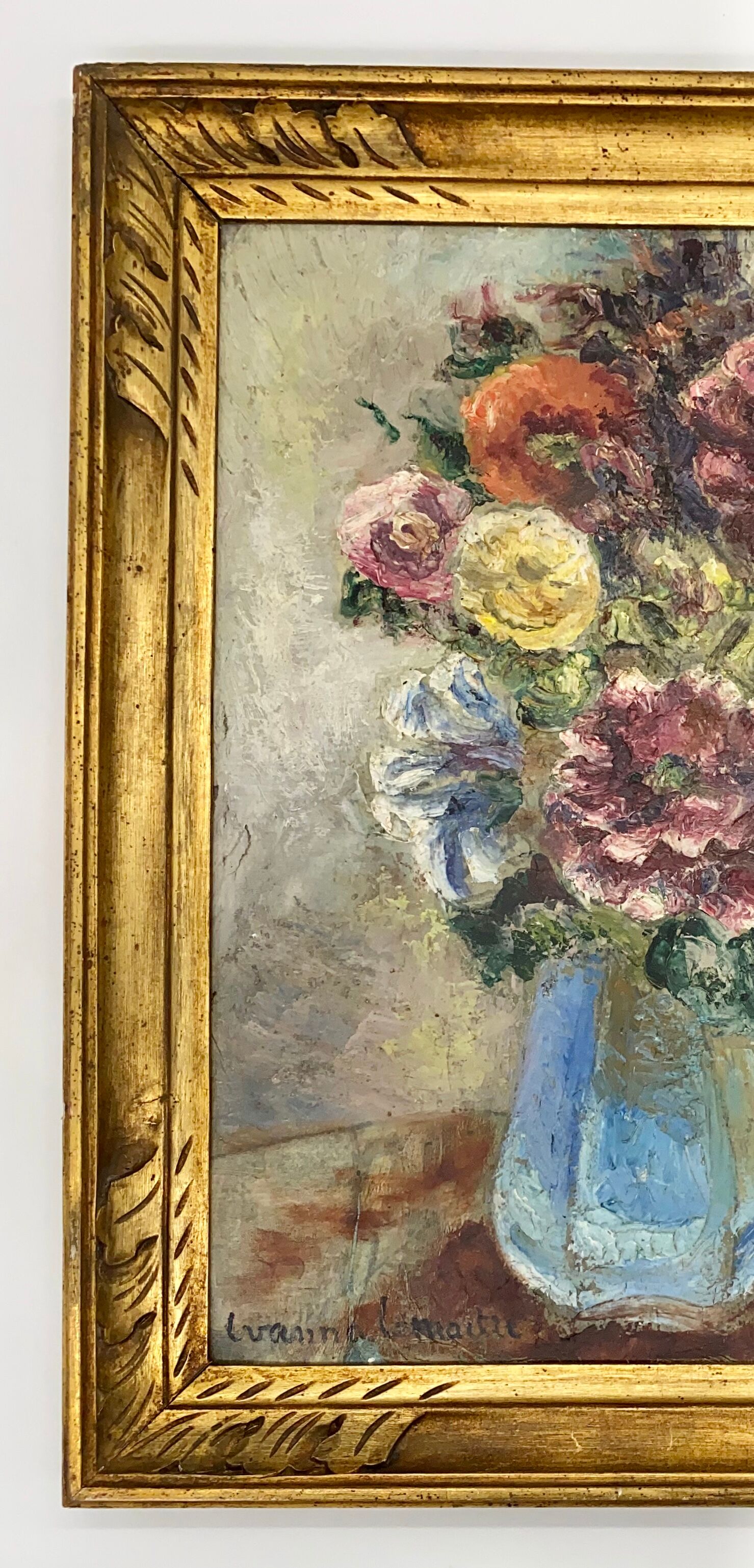 Antique painting, flowers in a vase