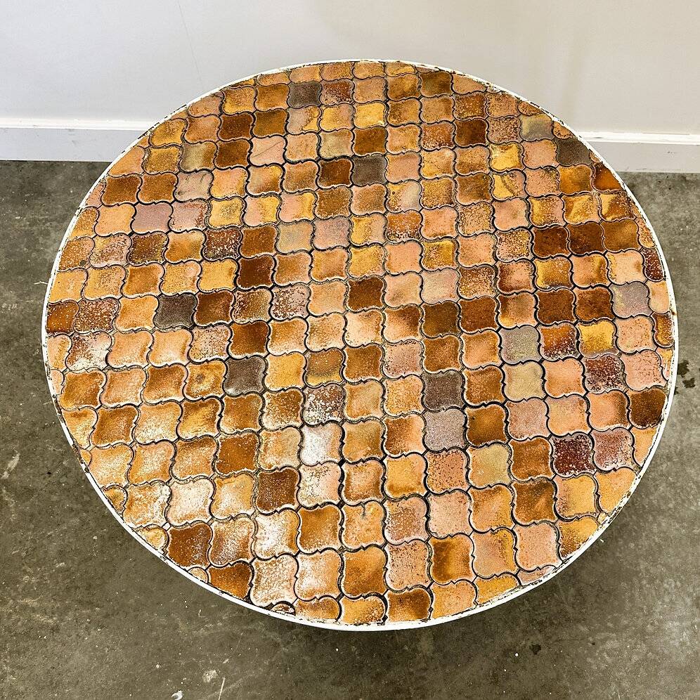 Vintage round French garden table with French "Tomettes" tiled top, 1960s