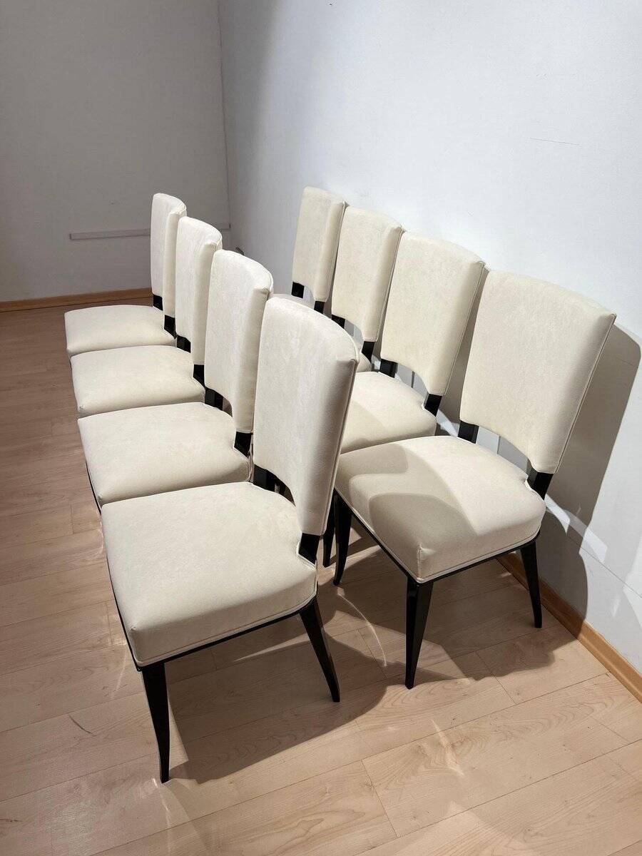 Art Deco Chairs in Black Lacquer in Cream Velour, France, 1930s, Set of 8
