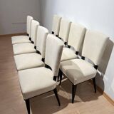 Art Deco Chairs in Black Lacquer in Cream Velour, France, 1930s, Set of 8