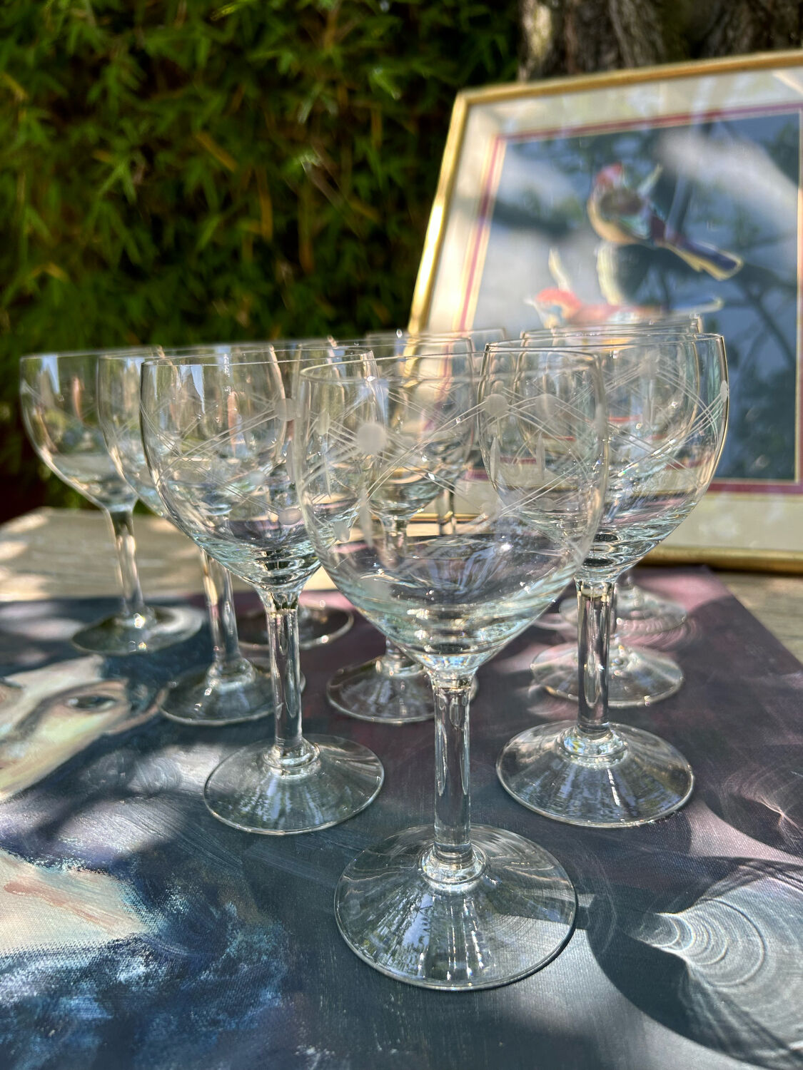 Series of 10 engraved crystal wine glasses