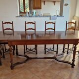 Marquetry wooden dining table with its 6 chairs.