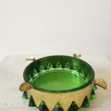 Cendrier en cristal vert et or vintage / Cendrier rond en verre de style mid-century modern