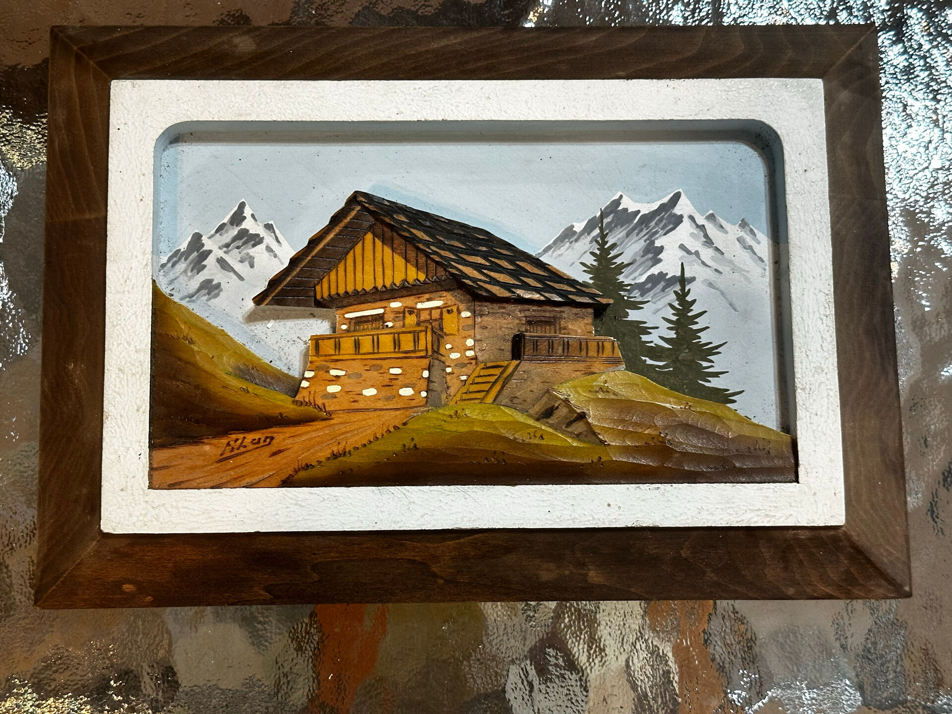 Carved and painted wooden Alpine panel signed 18 / 26 cm