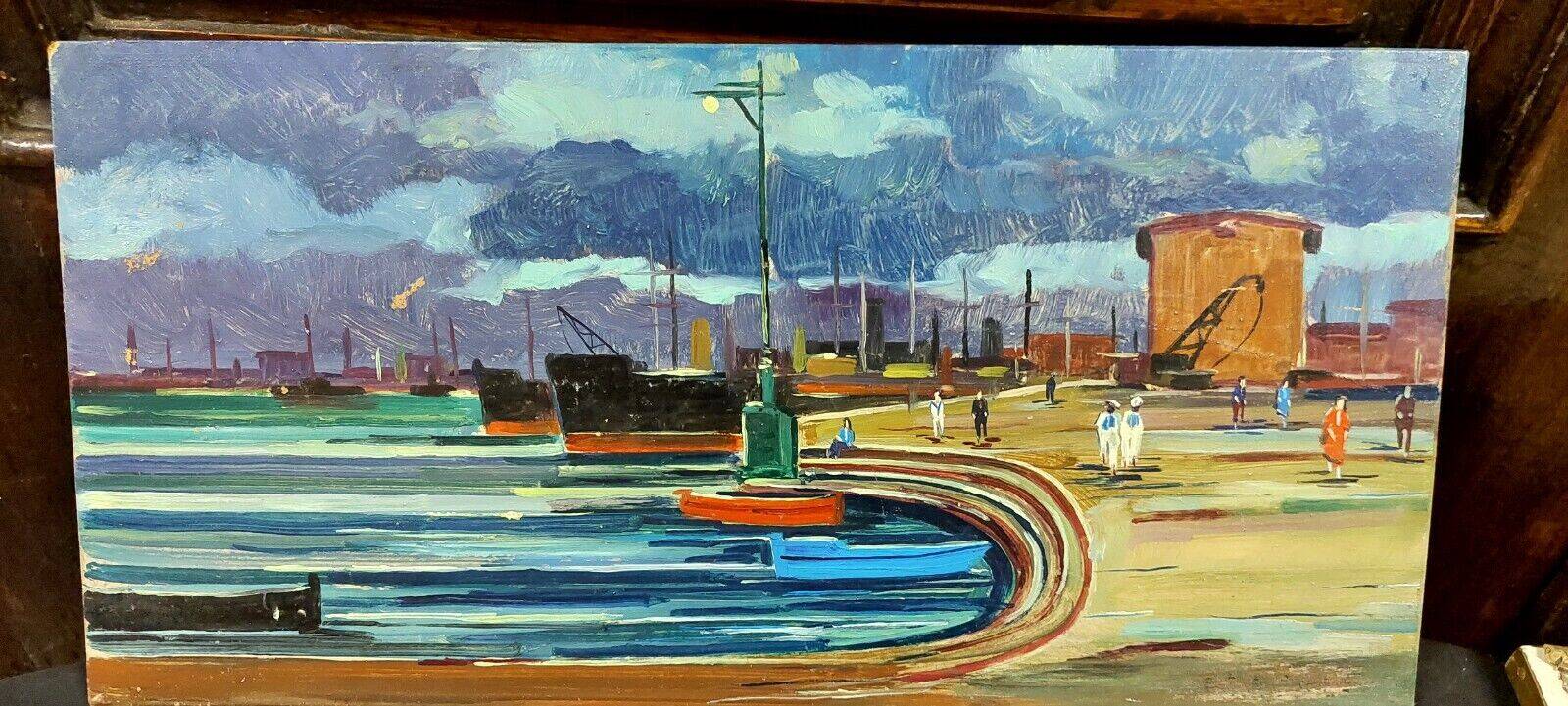 Oil painting Livorno 1975 port boats magnificent