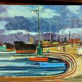 Oil painting Livorno 1975 port boats magnificent