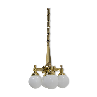Art Deco Brass Chandelier, Four Flame Arms, 1920s, Restored