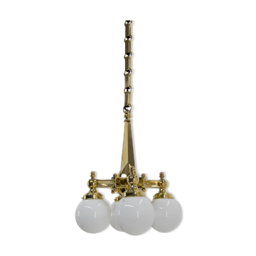 Art Deco Brass Chandelier, Four Flame Arms, 1920s, Restored