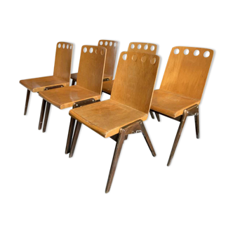 Série de 6 chaises industrielles empilables, Roland Rainer pour Emil & Alfred Pollak, ca 1950