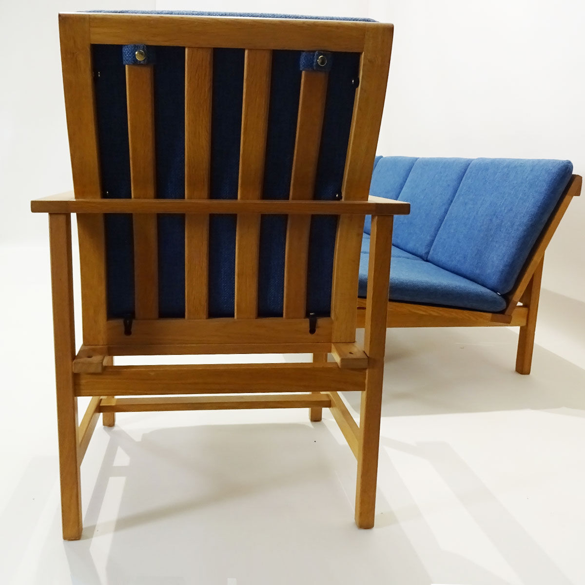 Børge Mogensen 4 seater oak bench sofa and two armchairs