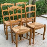 4 Louis XV chairs in solid blond oak and straw wood with shell sculptures