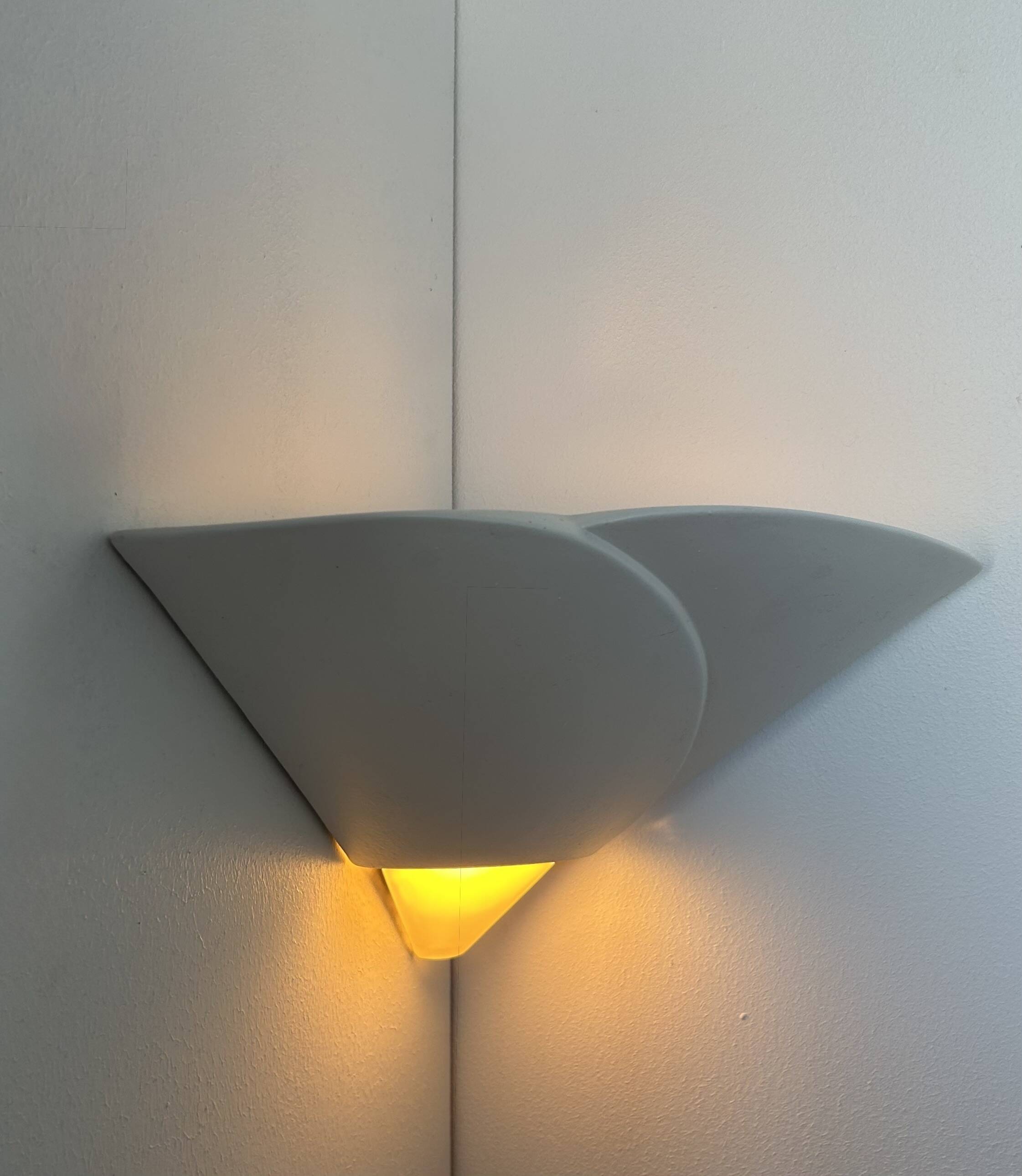 Vintage corner wall light, plaster and sandblasted glass, France 1970