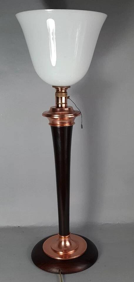 Antique large Mazda Art Deco lamp: opaline glass, wood & copper, 77 cm S802