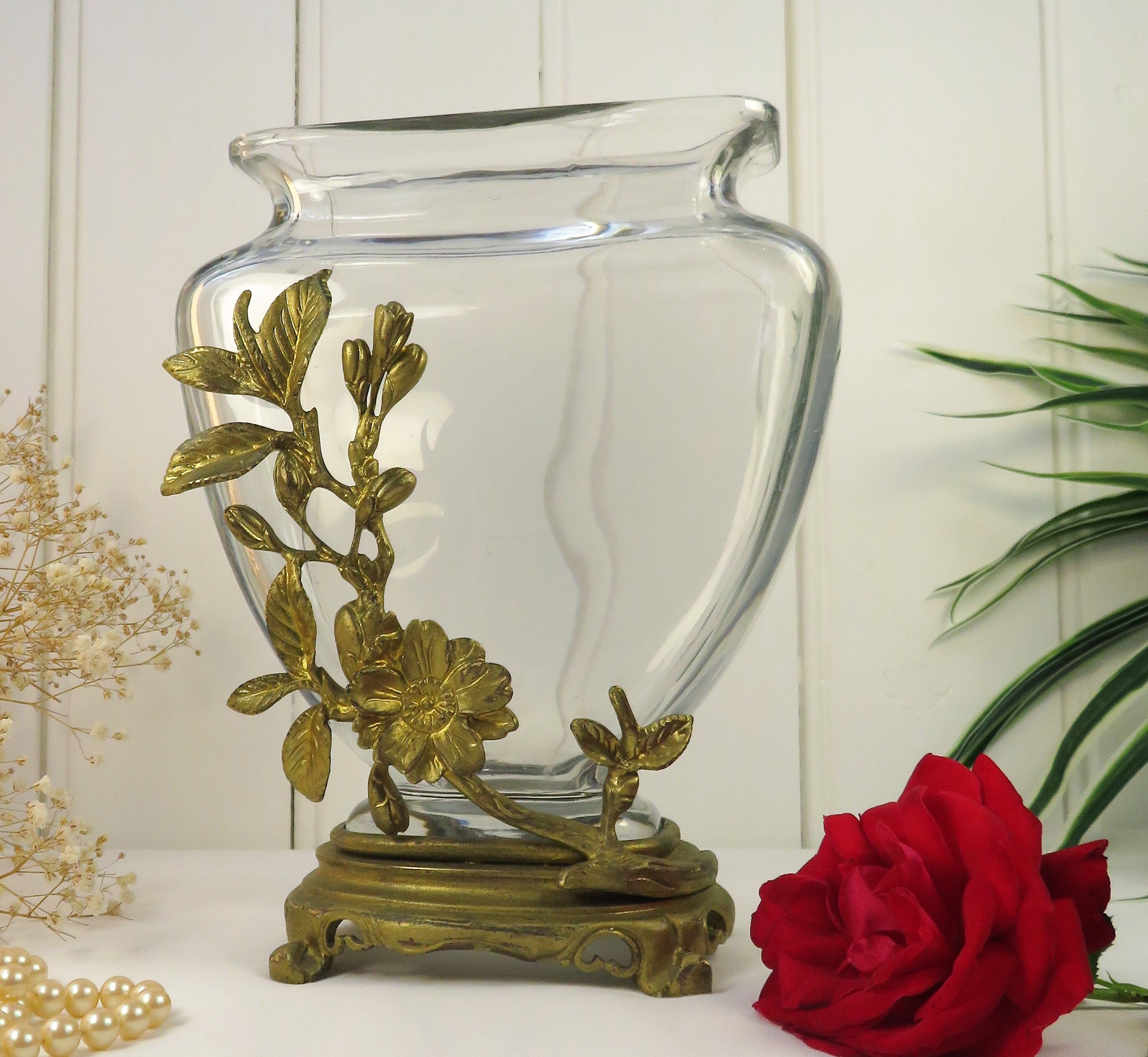 Crystal vase on gilded bronze frame signed E.Enot, art nouveau