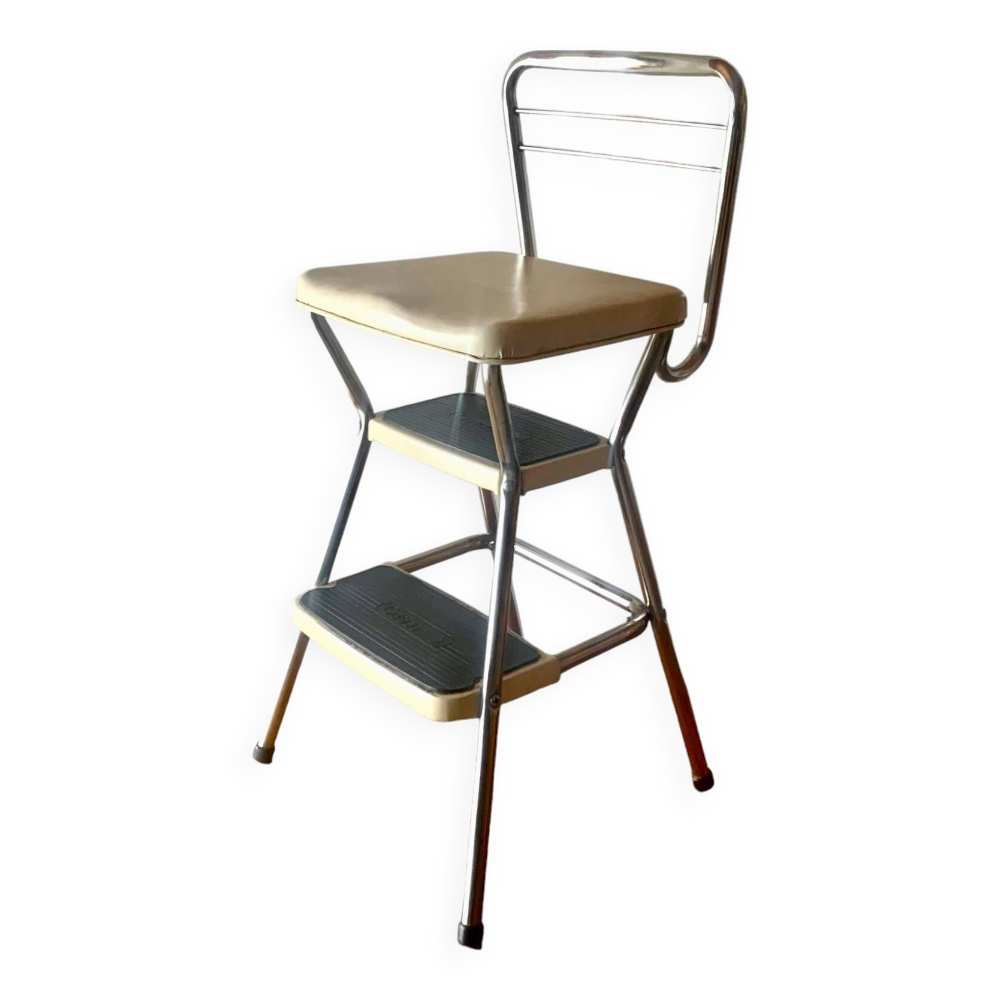 Vintage cosco step stool chair in chrome steel and white skai