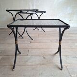 Set of 3 black wrought iron side tables with gold-coloured accents, 1950s